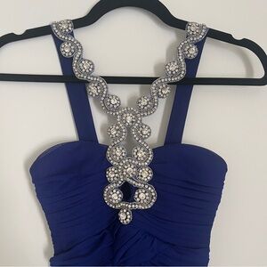 Royal blue bejeweled halter prom dress sparkly formal long dress with slit